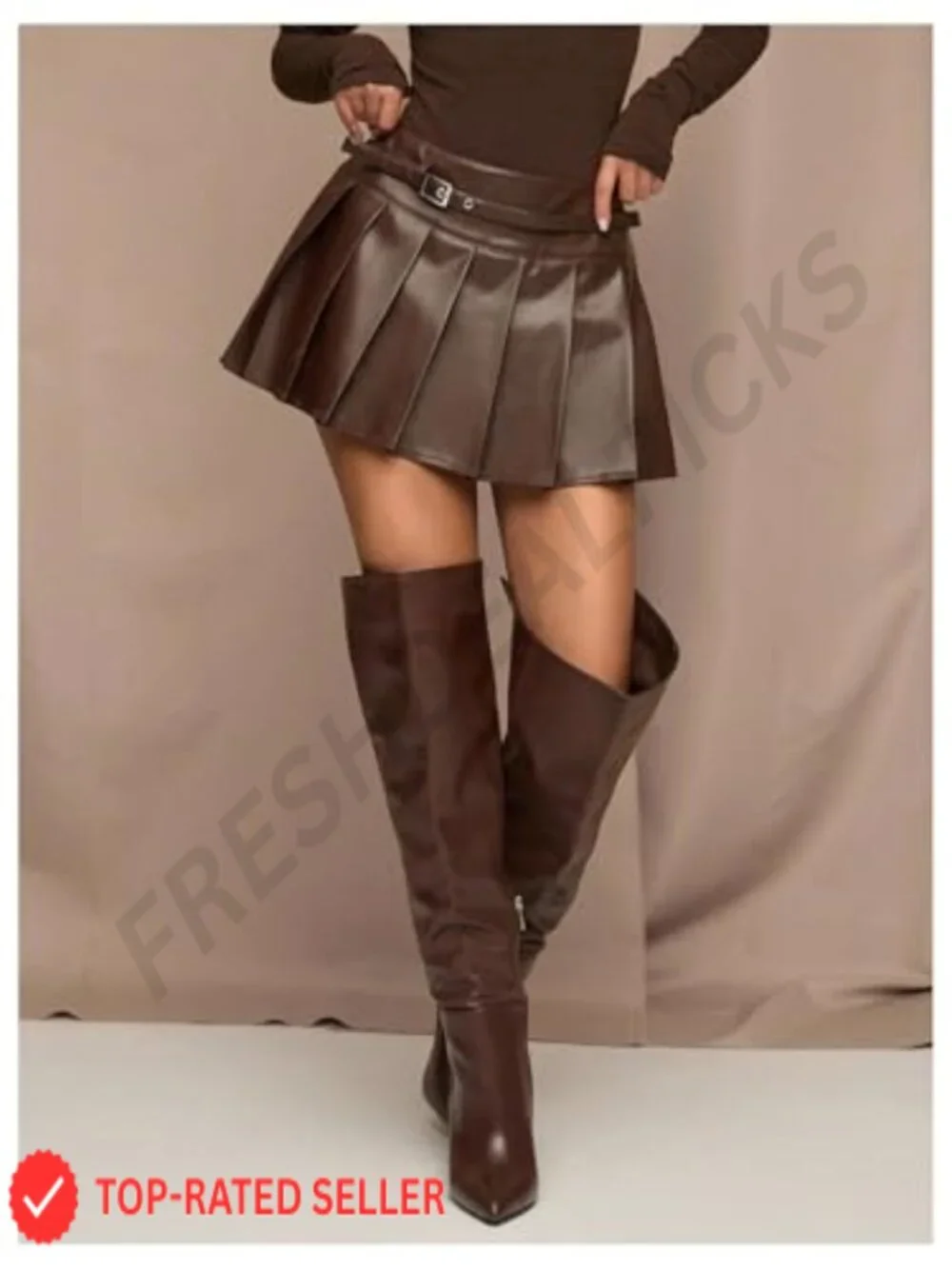 Pleated Leather Skirt Flared Buckle Belted Y2K A Line Mini Skirts Chic Edgy - Picture 5 of 5
